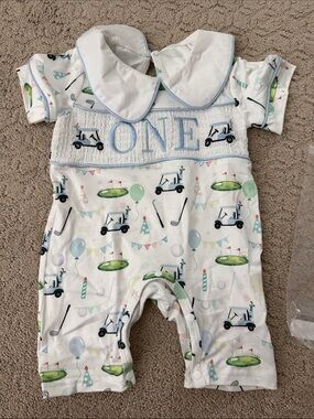 Baby Boys' 'One' Golf Print Short Sleeve Romper NWOT